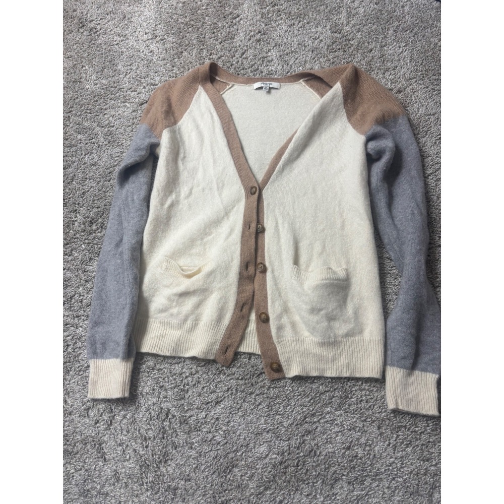 Madewell 100% Merino Wool Colorblock Cardigan Sweater Cream Grey Medium 03571